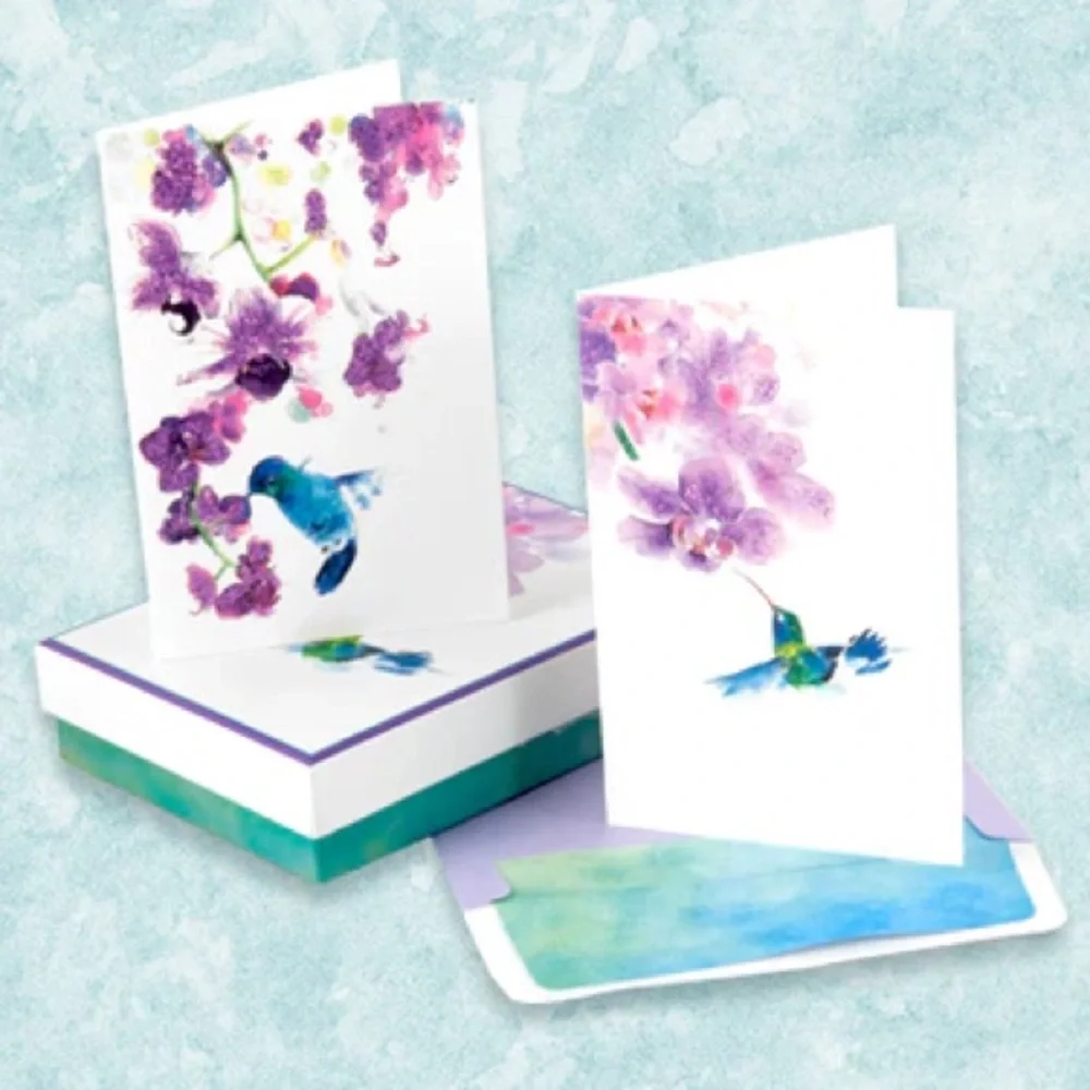 Blueink Studios Hummingbird Floral Dream Deluxe Boxed Note Card Set (001), 16 ct